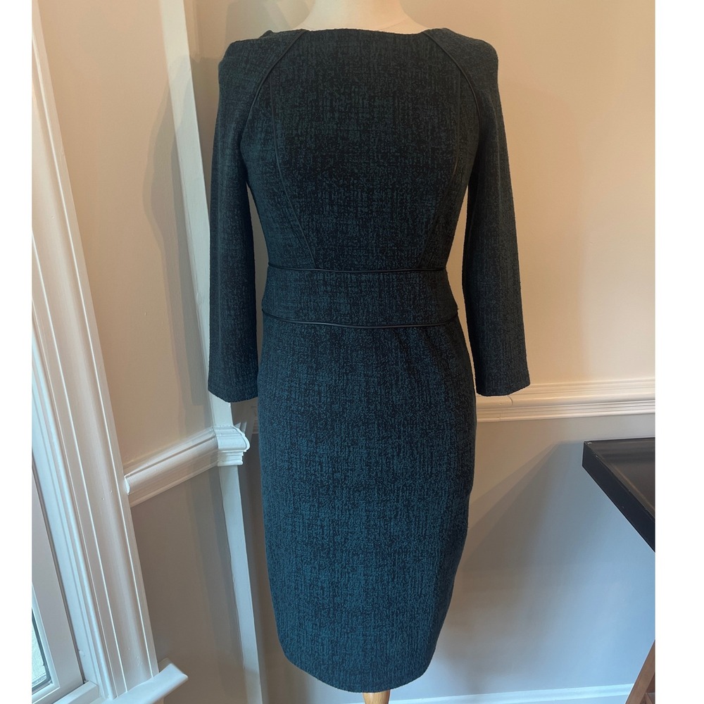 Donna Karan Sheath Dress 3/4 Sleeves Boatneck Green Black Tweed Office Cocktail